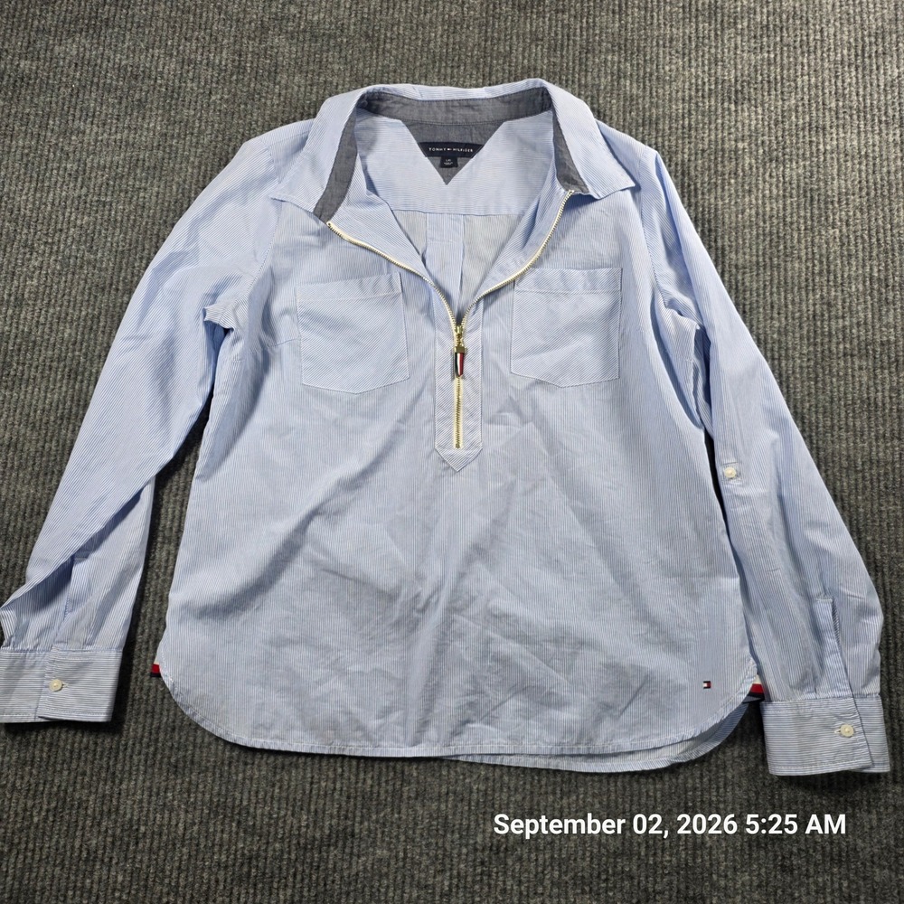 Tommy Hilfiger Womens Blue White Pinstripe Quarter Zip Roll Tab Blouse Large